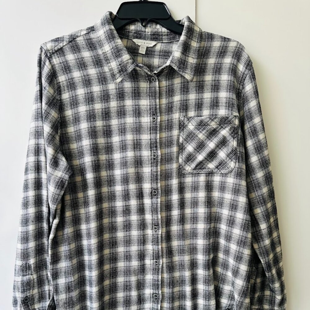 Lucky Brand Womens Plaid Long Sleeve Button Up Boho Shirt Raw Hem Medium